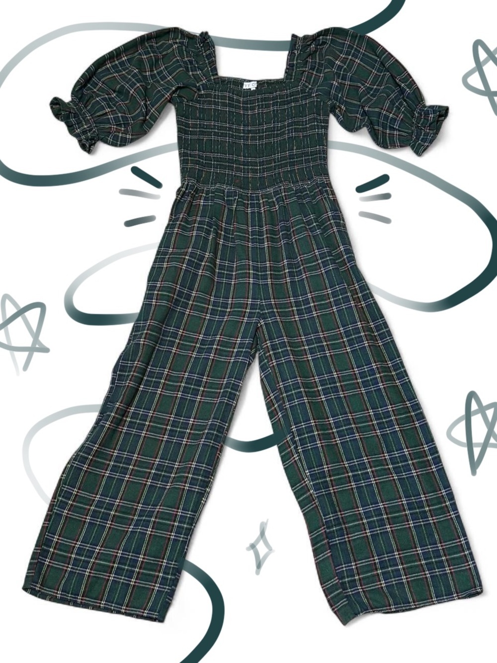 Ivy City Co Green Plaid Smocked Jumpsuit Medium Puff Sleeve Wide Leg Pockets